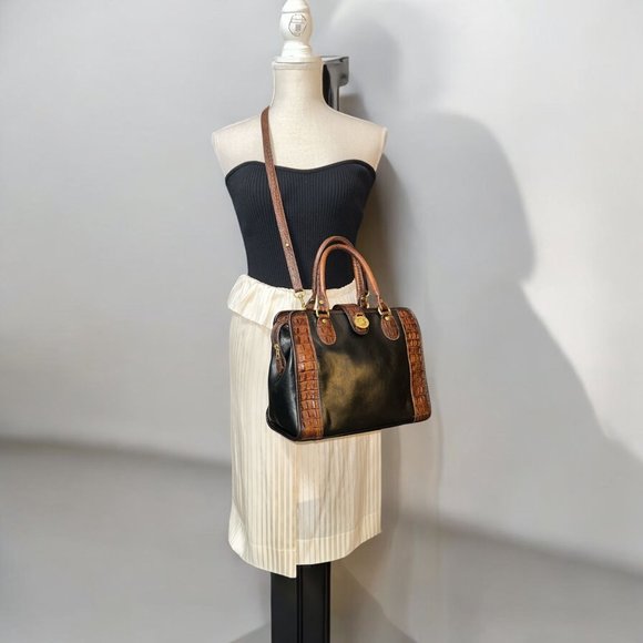 VTG Brahmin Purse Black Leather Pecan Croc Tuscan Too Satchel Convert Crossbody - Picture 2 of 11